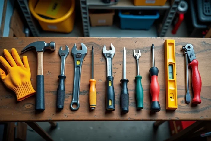 Vue de dessus d'un assortiment d'outils de bricolage essentiels disposés sur un établi en bois usé dans un atelier