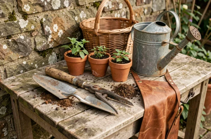 Outils de jardinage anciens et pots de semis en terre cuite sur un établi de rempotage en bois patiné