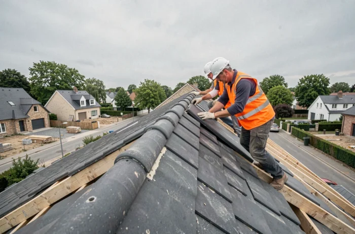 Ouvriers posant des tuiles sur la charpente d'une maison neuve en VEFA lors de la mise hors d'eau
