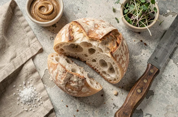 Flatlay éditorial d'un pain au levain artisanal tranché avec des condiments dans des bols en céramique sur une surface en pierre