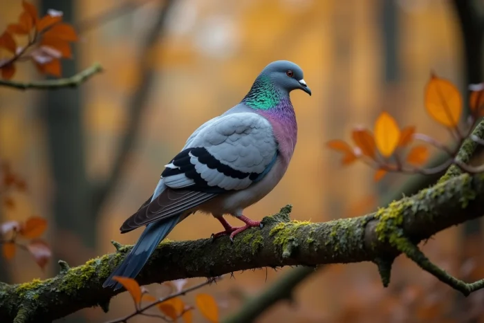 Palombe posée sur une branche de chêne en forêt française pendant la période de migration