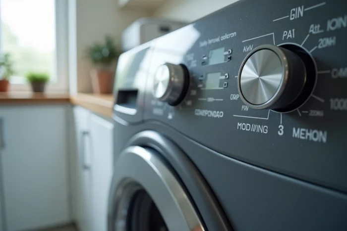 Gros plan sur le panneau de commande et le sélecteur de programme d'un lave-linge Valberg avec affichage numérique