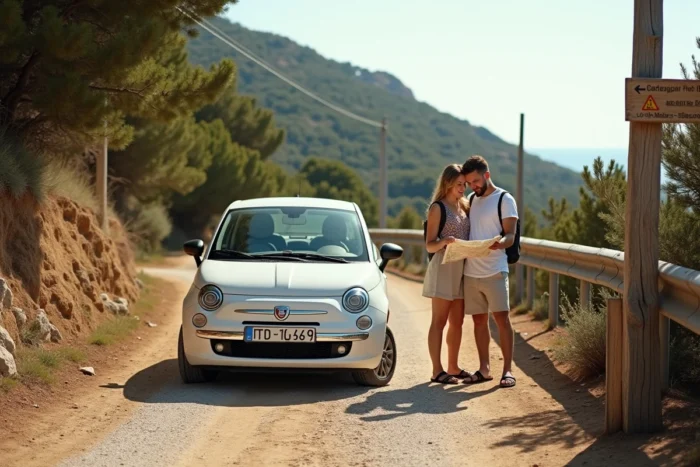 Couple arrivant en voiture à proximité de la plage de Cala d'Orzu en Corse-du-Sud avec un panneau de chemin côtier