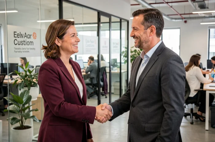 Deux professionnels scellant un partenariat de services sur mesure pour accélérer la croissance d'une entreprise