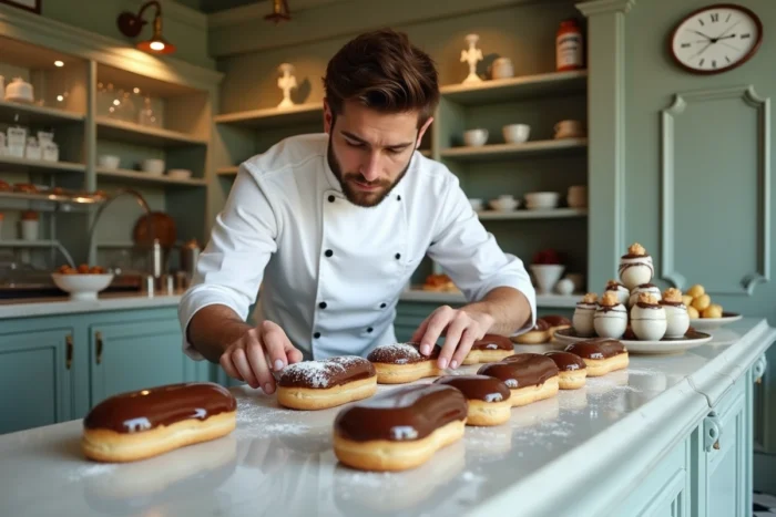 Jeune pâtissier arrangeant des éclairs au chocolat glacés sur un comptoir en marbre dans une boulangerie parisienne traditionnelle