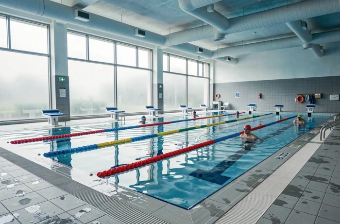 Vue intérieure de la piscine municipale Calypso de Wasquehal avec ses couloirs de natation et ses installations sportives