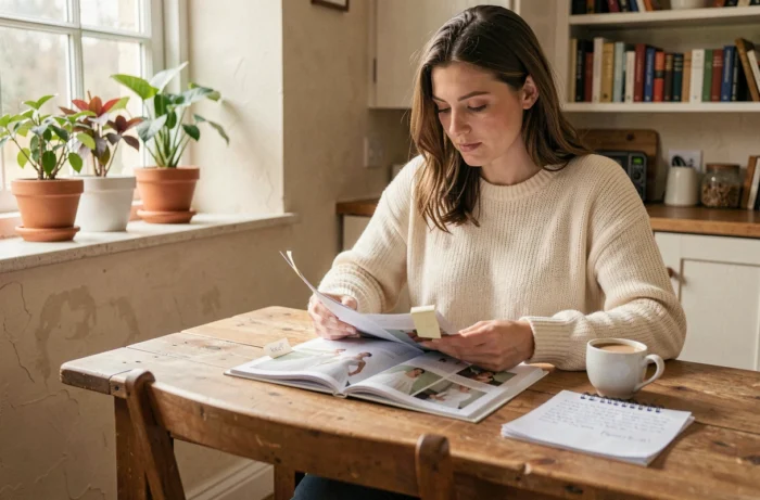 Femme planifiant son mariage à domicile avec le catalogue Tati Mariage 2025 posé sur une table en bois