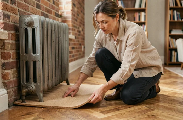 Femme posant un sous-couche en liège sous un radiateur en fonte pour protéger un parquet en chevrons dans un salon rénové