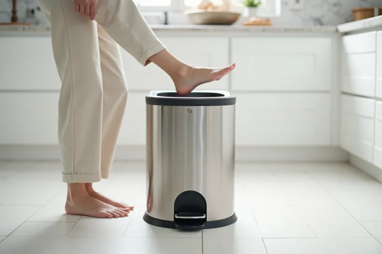 Poubelle à pédale en inox avec couvercle ouvert, mécanisme de pédale visible depuis un angle bas