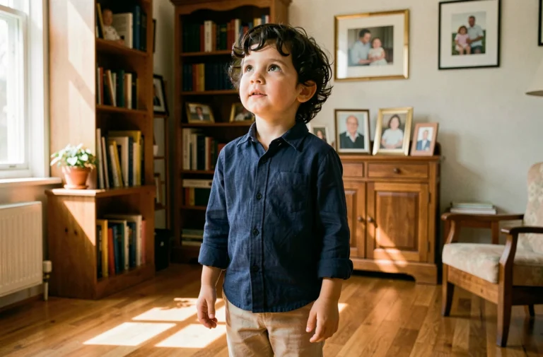 Jeune garçon prénommé César regardant vers le haut avec assurance dans un salon familial chaleureux aux tons bois naturels