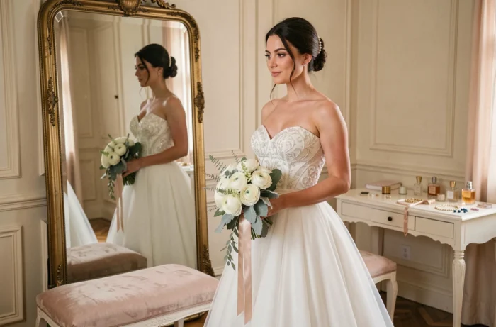 Mariée élégante en robe de bal brodée se préparant devant un miroir vintage dans une suite de préparation raffinée de style français