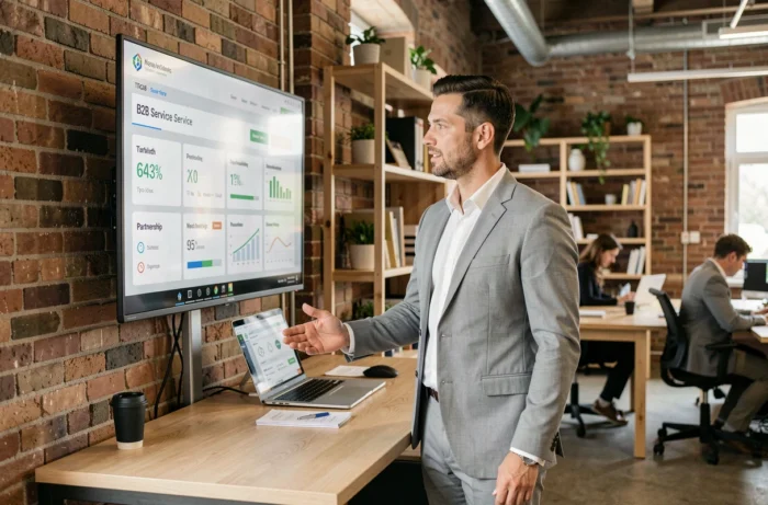 Homme d'affaires présentant un tableau de bord de services B2B sur écran numérique dans un espace de coworking moderne