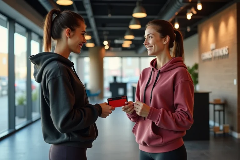 Deux femmes échangeant une carte de membre Basic Fit dans le hall d'une salle de sport moderne