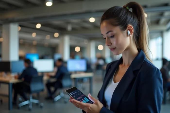 Jeune professionnelle consultant un smartphone pliable avec tableau de bord IA dans un espace de coworking urbain