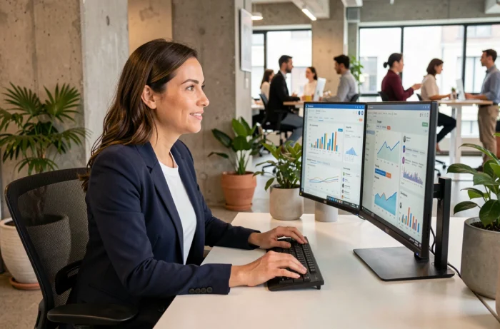 Une professionnelle du webmarketing analysant des tableaux de bord analytics sur double écran dans un bureau moderne en 2024