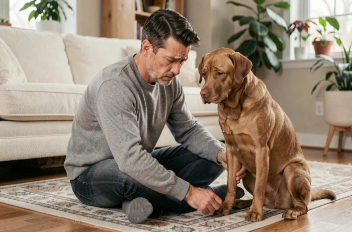Propriétaire inspectant la zone anale de son chien labrador à la maison avec inquiétude