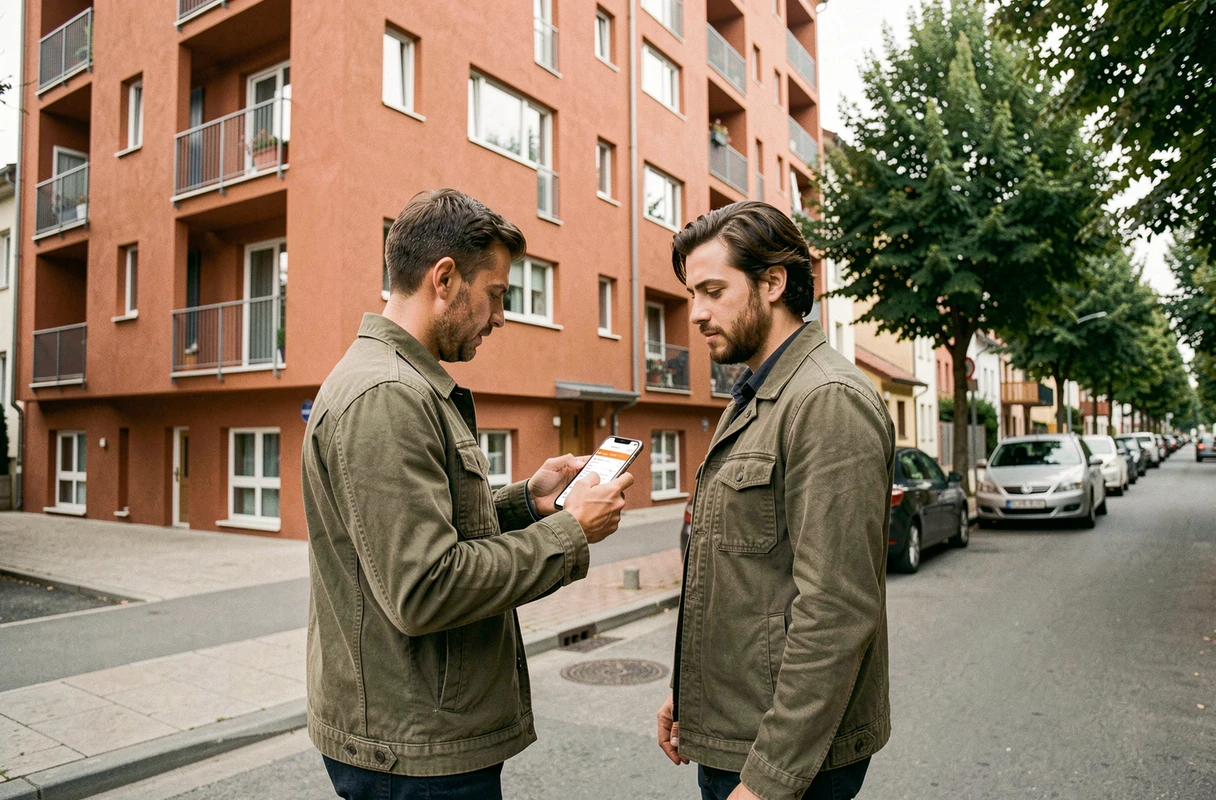 Propriétaire immobilier gérant ses appartements depuis son smartphone devant un immeuble rénové