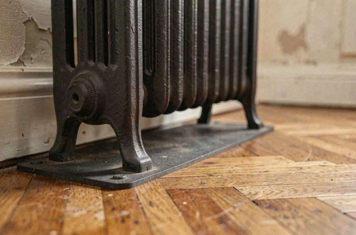 Gros plan sur un radiateur en fonte posé sur un parquet en chêne avec un tapis de protection en caoutchouc visible sous les pieds du radiateur