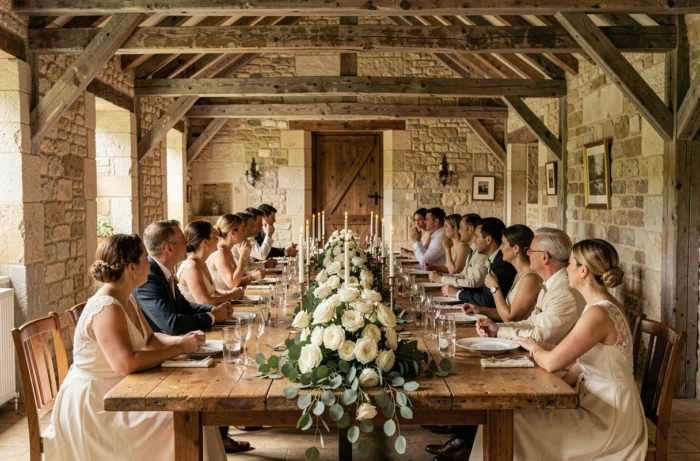 Réception de mariage intime dans un manoir français avec décoration florale élégante de roses blanches et guirlandes d'eucalyptus