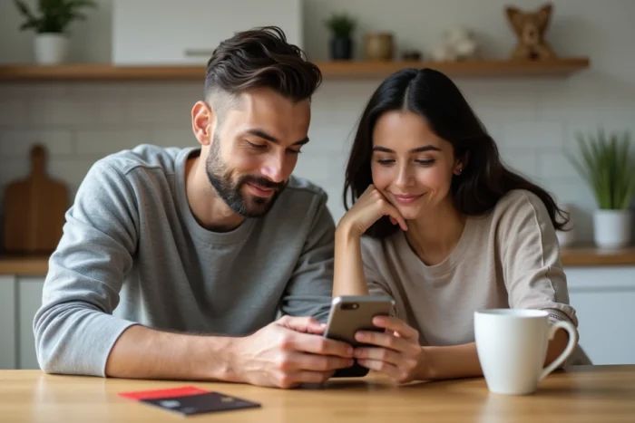 Un couple consultant les règles de prêt d'une carte Basic Fit sur smartphone à la maison