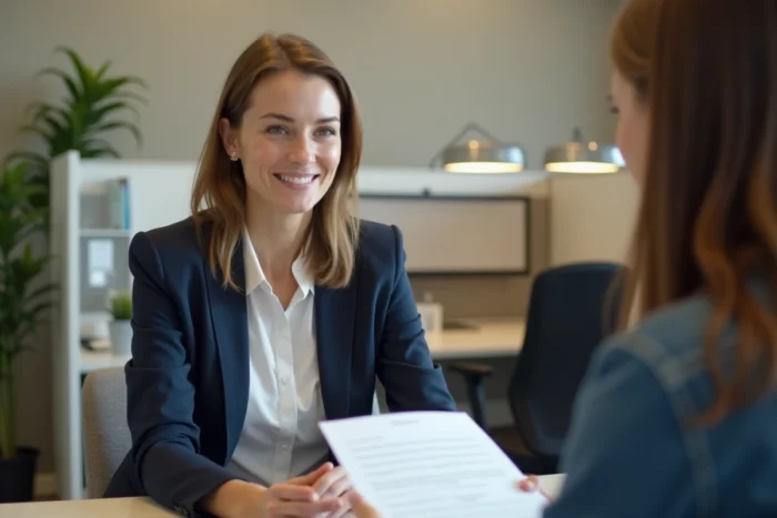 Femme en rendez-vous avec un conseiller France Travail dans un bureau moderne d'agence pour l'emploi