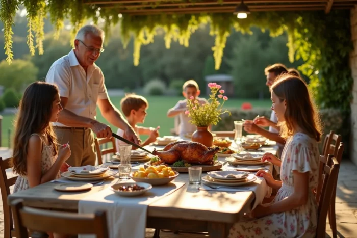 Famille réunie autour d'une table en pierre en Provence pour un repas dominical avec canard rôti et gratin dauphinois sous une pergola fleurie