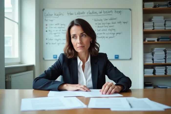 Femme syndicaliste étudiant des documents de droit du travail dans une salle de réunion syndicale moderne