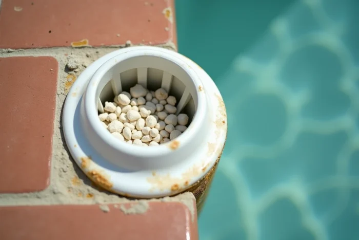 Gros plan sur un skimmer de piscine avec des résidus de chlore choc granulé et une eau légèrement trouble