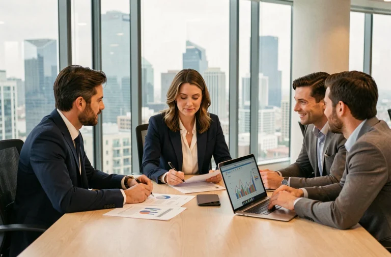 Trois professionnels en réunion d'affaires analysant des rapports de croissance B2B dans un bureau moderne avec vue sur la ville