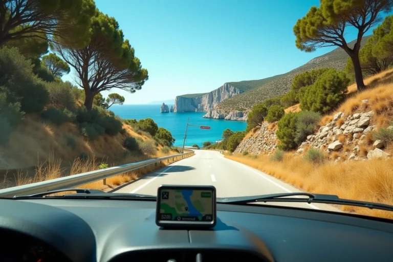 Vue depuis l'habitacle d'une voiture sur une route sinueuse de Corse menant à la plage de Cala d'Orzu depuis Ajaccio
