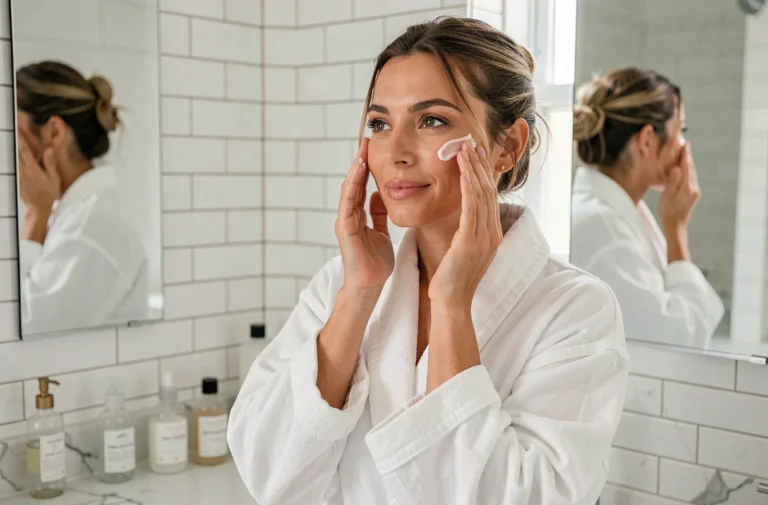Femme appliquant de la crème hydratante sur son visage dans une salle de bain élégante lors de sa routine beauté matinale