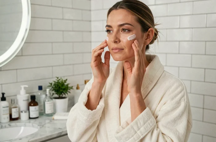 Femme appliquant sa routine de soin visage dans une salle de bain moderne avec des produits de beauté naturels