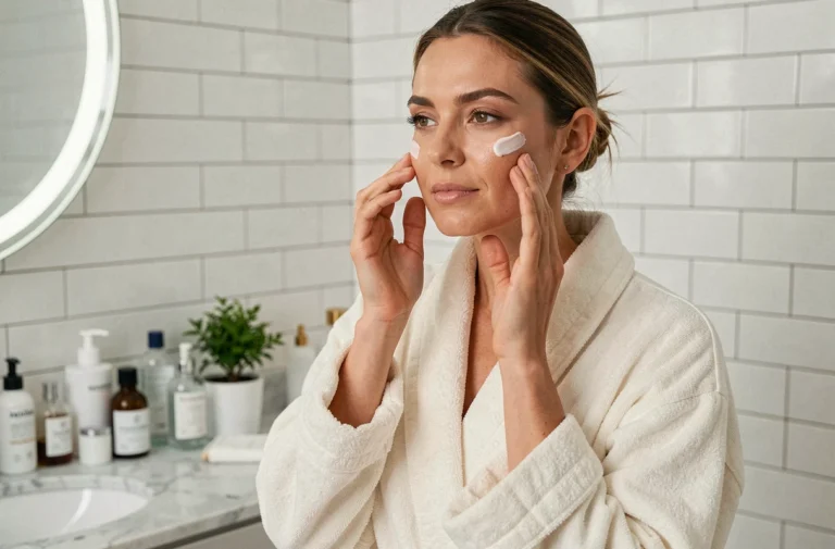 Femme appliquant sa routine de soin visage dans une salle de bain moderne avec des produits de beauté naturels