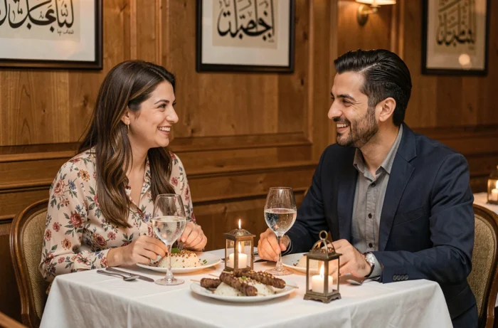 Couple dînant dans la salle du restaurant libanais halal Le Cèdre à Paris, avec kafta grillé et décoration orientale