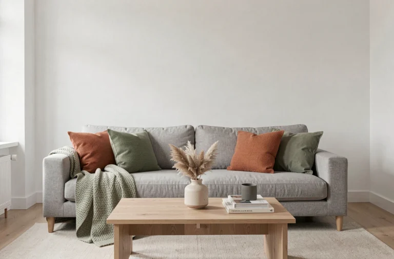 Salon scandinave moderne avec canapé gris, murs blancs et accents terracotta et vert sauge pour une déco harmonieuse