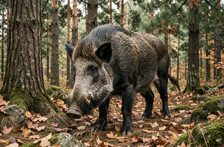 Sanglier sauvage imposant debout dans une forêt turque en automne, pelage sombre et épais, regard alerte dans son habitat naturel