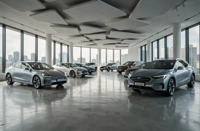 Salle d'exposition automobile moderne avec véhicules électriques et SUV dernier cri sur fond urbain