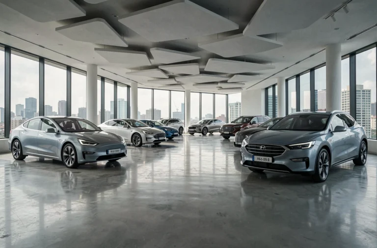 Salle d'exposition automobile moderne avec véhicules électriques et SUV dernier cri sur fond urbain