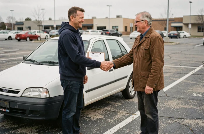Deux hommes finalisant une cession de voiture gratuite dans un parking avec signature du certificat de cession