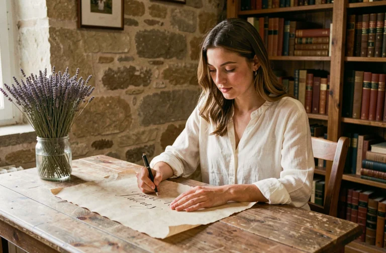 Jeune femme prénommée Clara écrivant son prénom en calligraphie dans un bureau rustique en pierre, ambiance chaleureuse et studieuse