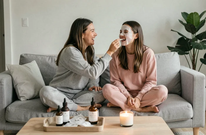 Deux jeunes femmes partageant un moment de soins beauté avec des masques visage dans un salon minimaliste moderne
