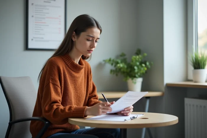 Jeune femme consultant ses documents avant un premier entretien chez France Travail avec Solerys
