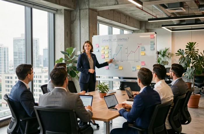 Femme d'affaires présentant une stratégie de croissance sur mesure à son équipe dans un bureau moderne