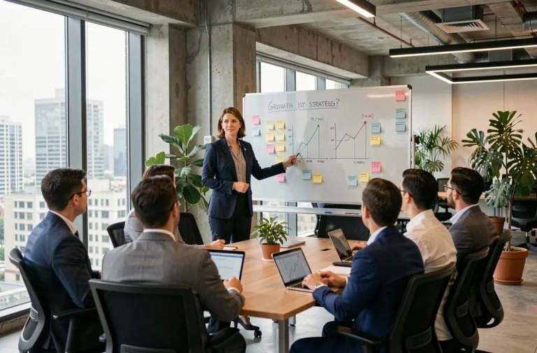 Femme d'affaires présentant une stratégie de croissance sur mesure à son équipe dans un bureau moderne