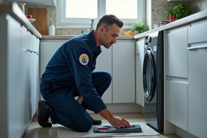 Technicien de dépannage en uniforme inspectant un appareil électroménager dans une cuisine moderne