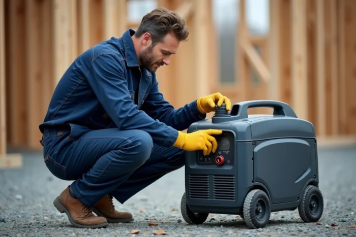 Technicien inspectant un groupe électrogène Zeus en extérieur sur un chantier de construction