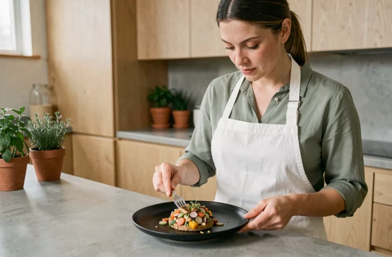 Femme cuisinière qui dresse une assiette gastronomique végétarienne dans une cuisine moderne en bois clair