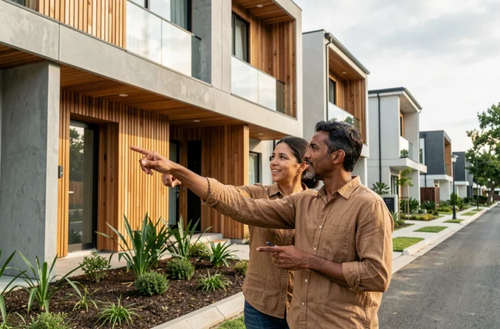 Couple visitant une maison écologique moderne représentant les nouvelles tendances immobilières durables en 2024