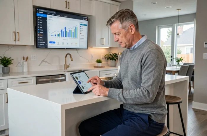 Investisseur immobilier consultant une application de gestion de propriété dans une maison connectée moderne en 2024