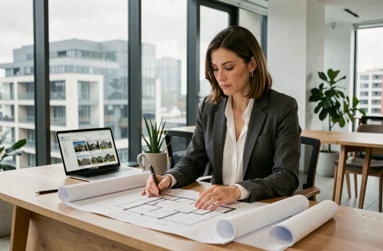 Professionnelle de l'immobilier analysant des plans architecturaux dans un bureau moderne avec vue sur la ville en 2024